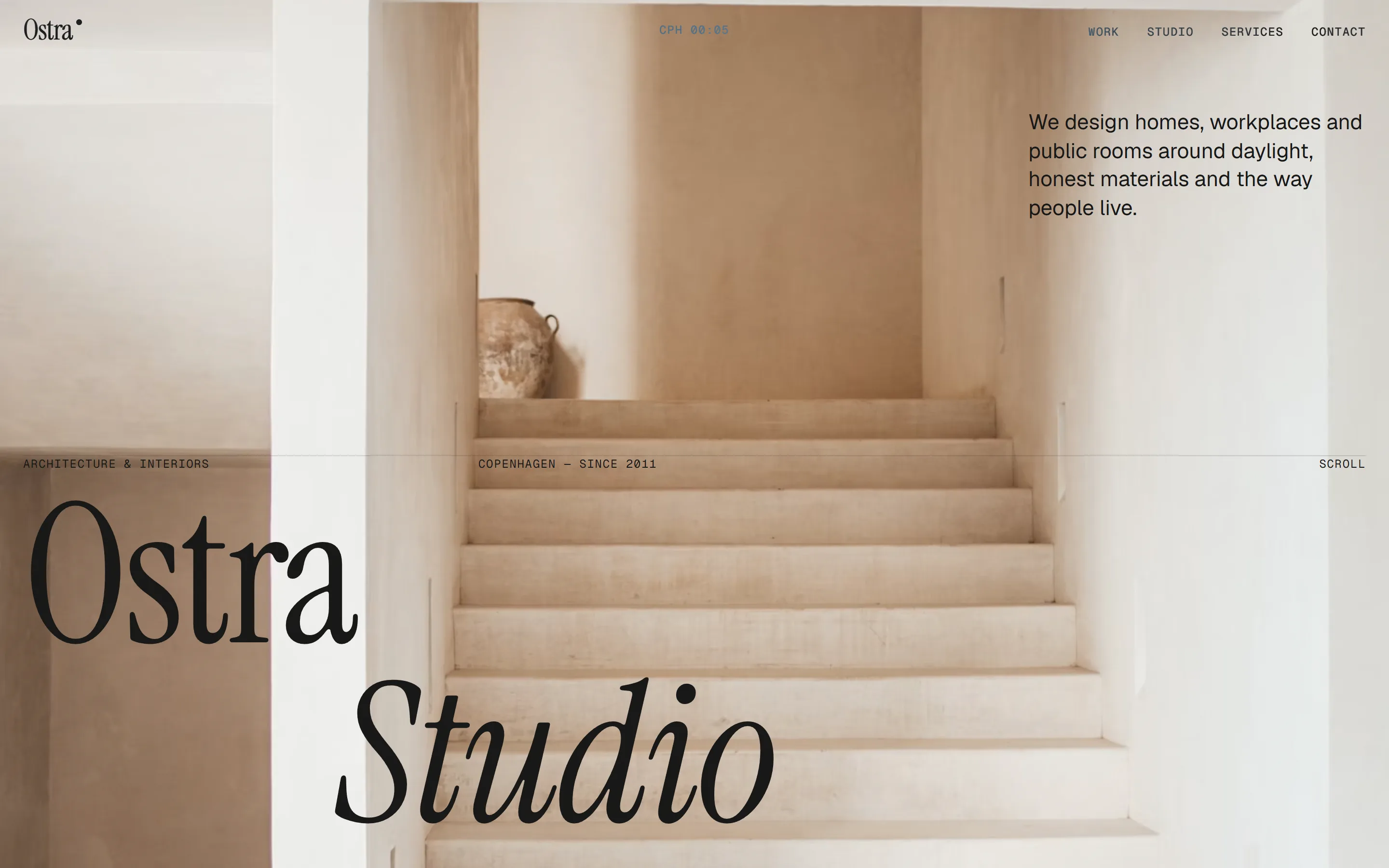 Ostra Studio home page: the name set in a large serif over a photo of a pale stone staircase