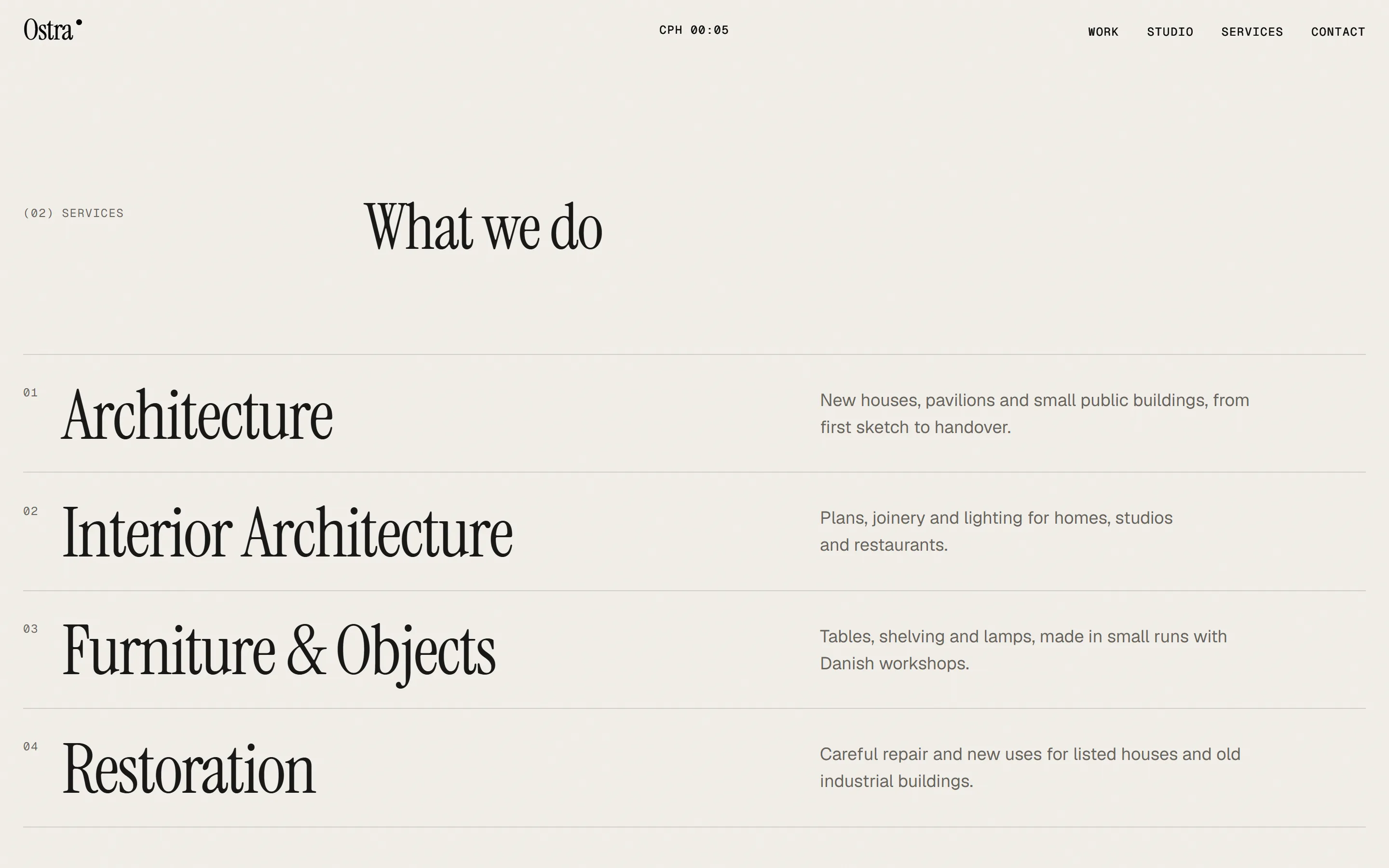 Ostra services page on desktop: four services listed in a large serif on a bone background, separated by thin rules