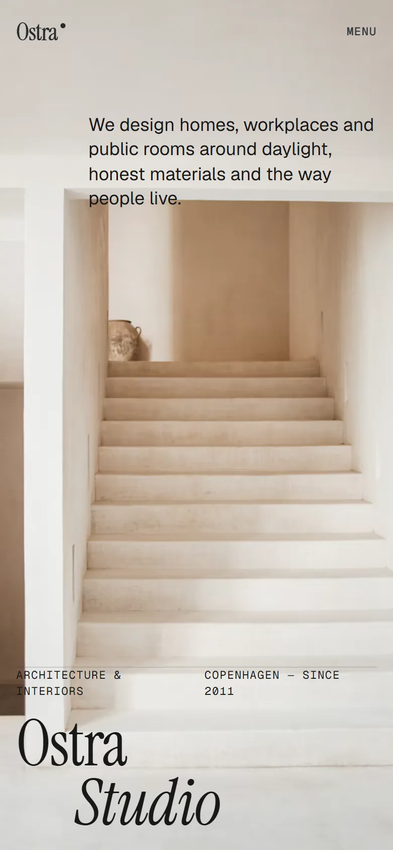Ostra home page on a phone: the staircase photo fills the screen, with the name in a large serif at the bottom